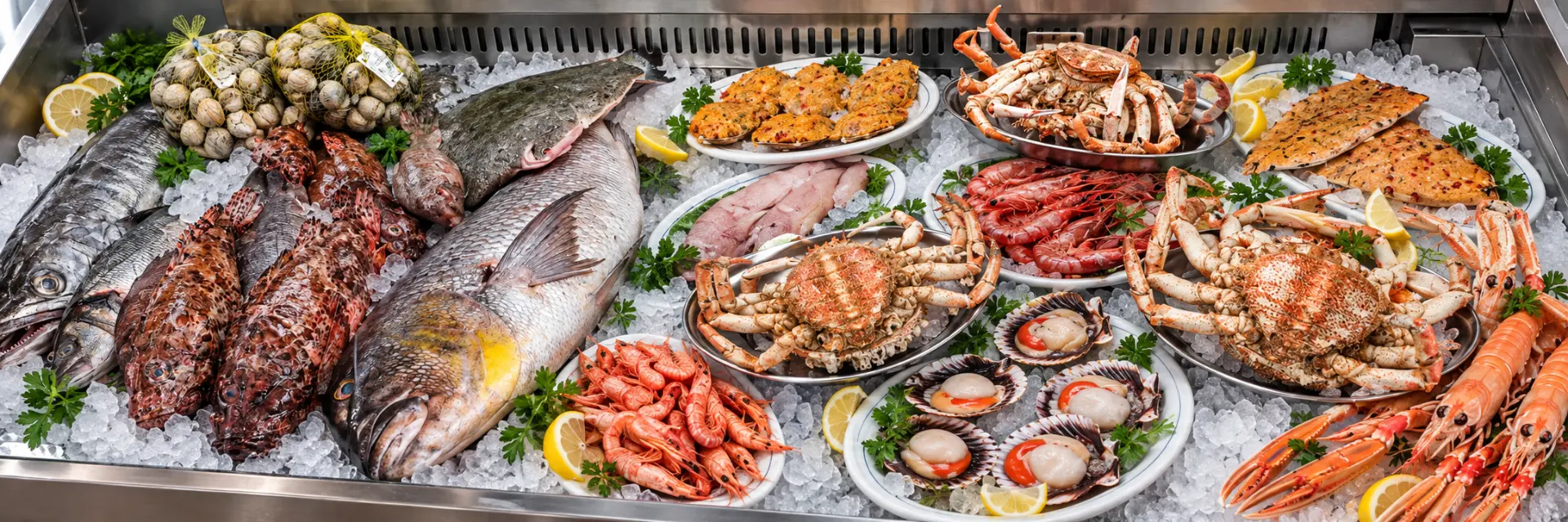 Pescado y marisco fresco en el expositor